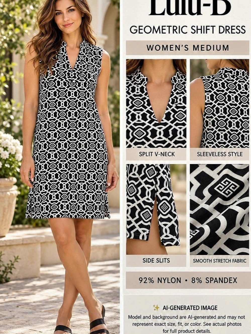 Lulu-B Dress Womens Medium Black White Geometric Sleeveless Stretch Shift